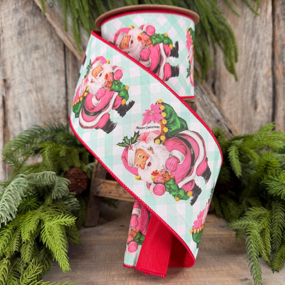 4” Retro Pink Santa Wired Ribbon, Mint Green Check, Red Backing, 10 Yard Roll