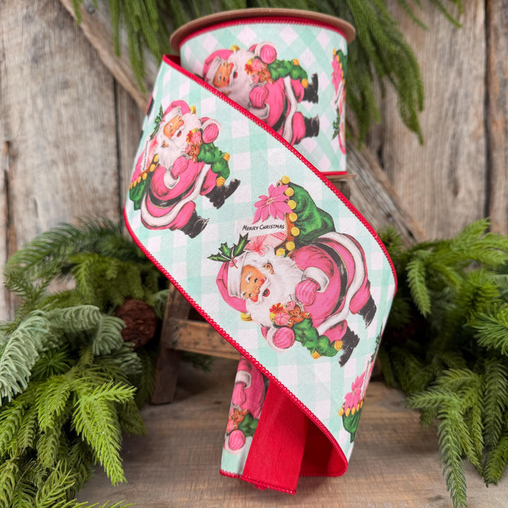 4” Retro Pink Santa Wired Ribbon, Mint Green Check, Red Backing, 10 Yard Roll