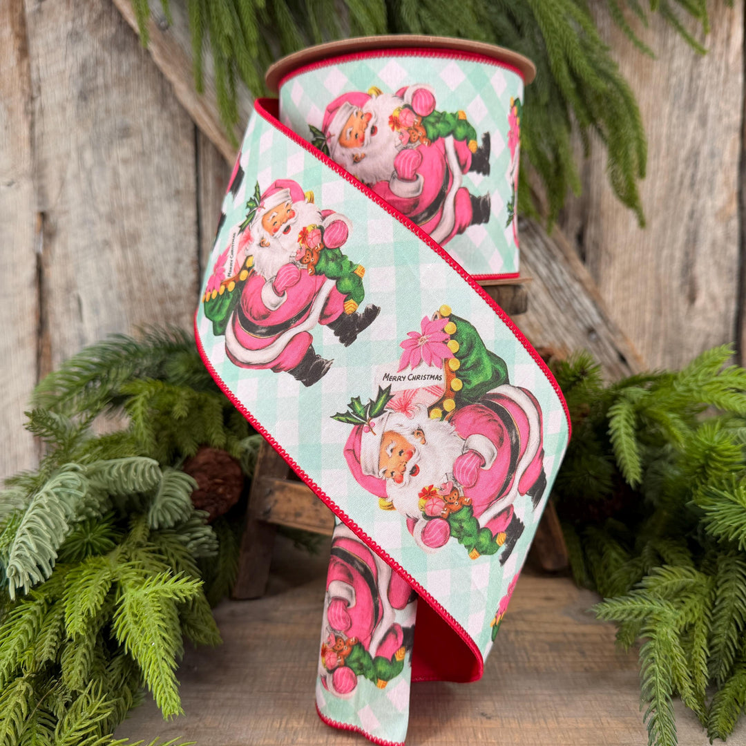4” Retro Pink Santa Wired Ribbon, Mint Green Check