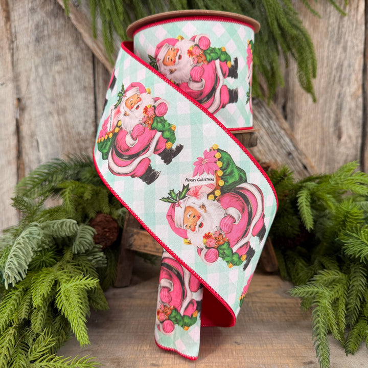4” Retro Pink Santa Wired Ribbon, Mint Green Check, Red Backing, 10 Yard Roll