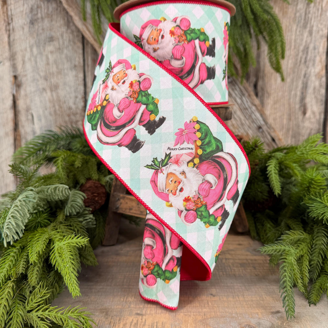 4” Retro Pink Santa Wired Ribbon, Mint Green Check, Red Backing, 10 Yard Roll