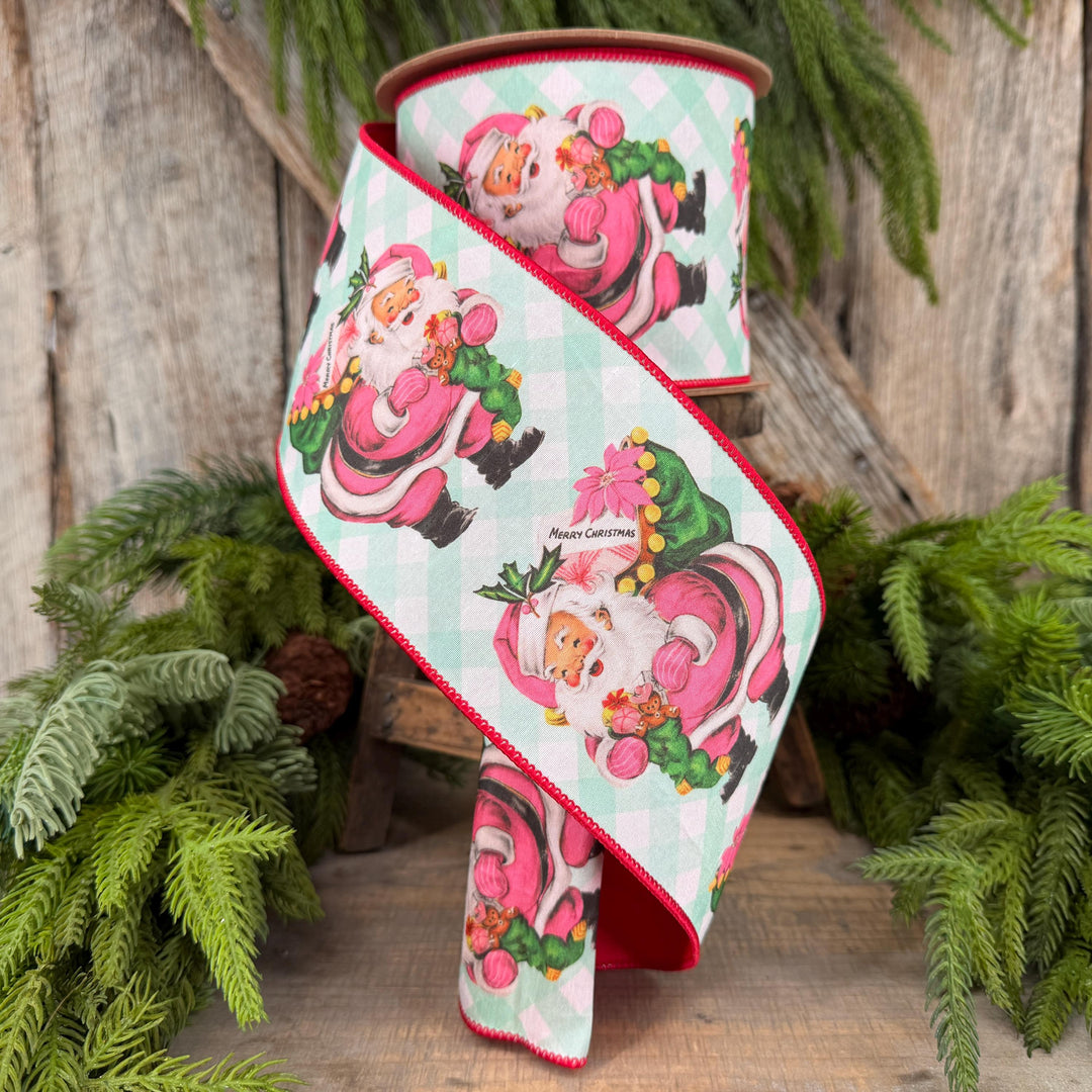 4” Retro Pink Santa Wired Ribbon, Mint Green Check, Red Backing, 10 Yard Roll