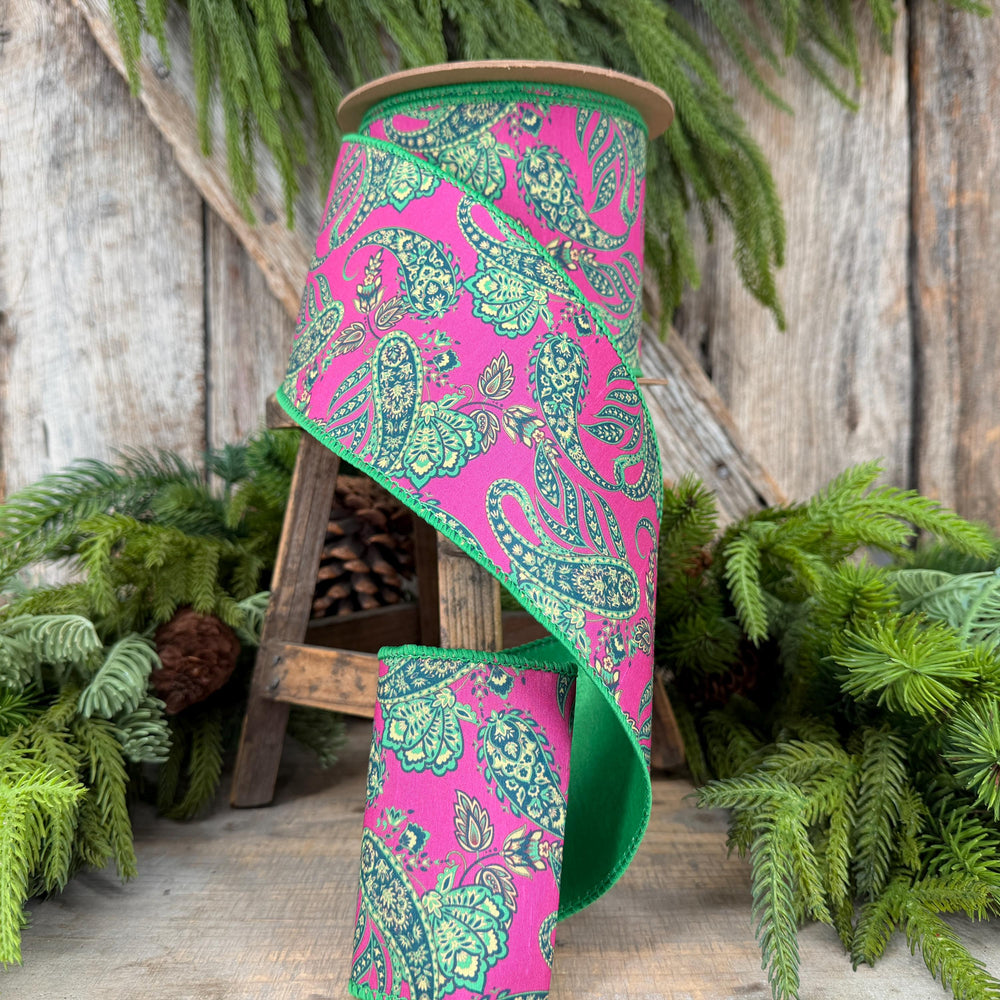 4” Hot Pink Paisley Wired Ribbon, Green Satin Backing, 10 Yard Roll