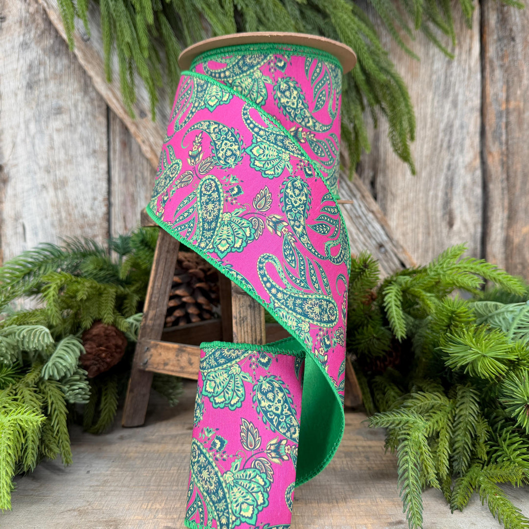 4” Hot Pink Paisley Wired Ribbon, Green Satin Backing, 10 Yard Roll