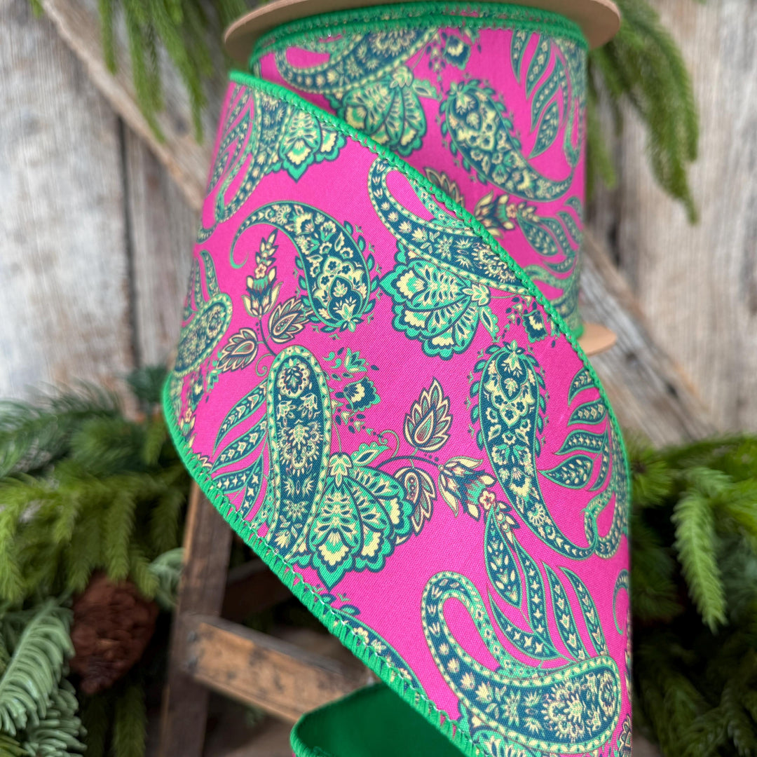 4” Hot Pink Paisley Wired Ribbon, Green Satin Backing, 10 Yard Roll