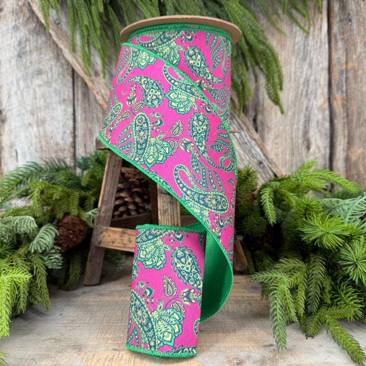 4” Hot Pink Paisley Wired Ribbon, Green Satin Backing, 10 Yard Roll