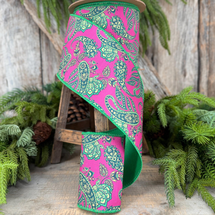 4” Hot Pink Paisley Wired Ribbon, Green Satin Backing, 10 Yard Roll