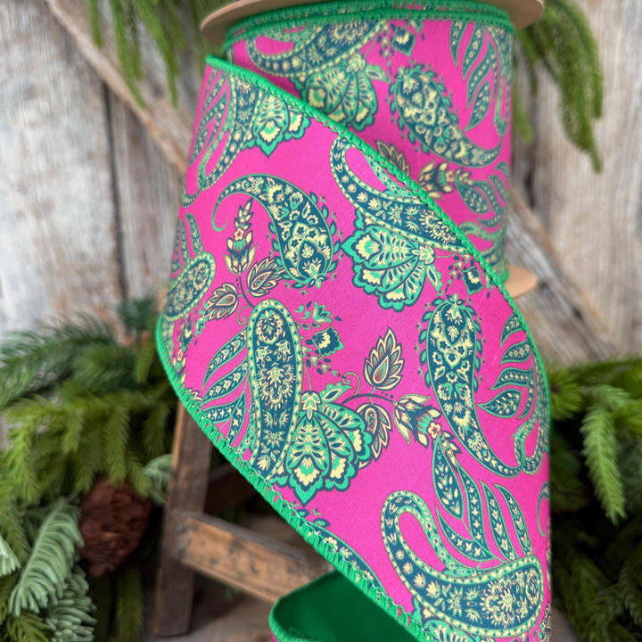 4” Hot Pink Paisley Wired Ribbon, Green Satin Backing, 10 Yard Roll