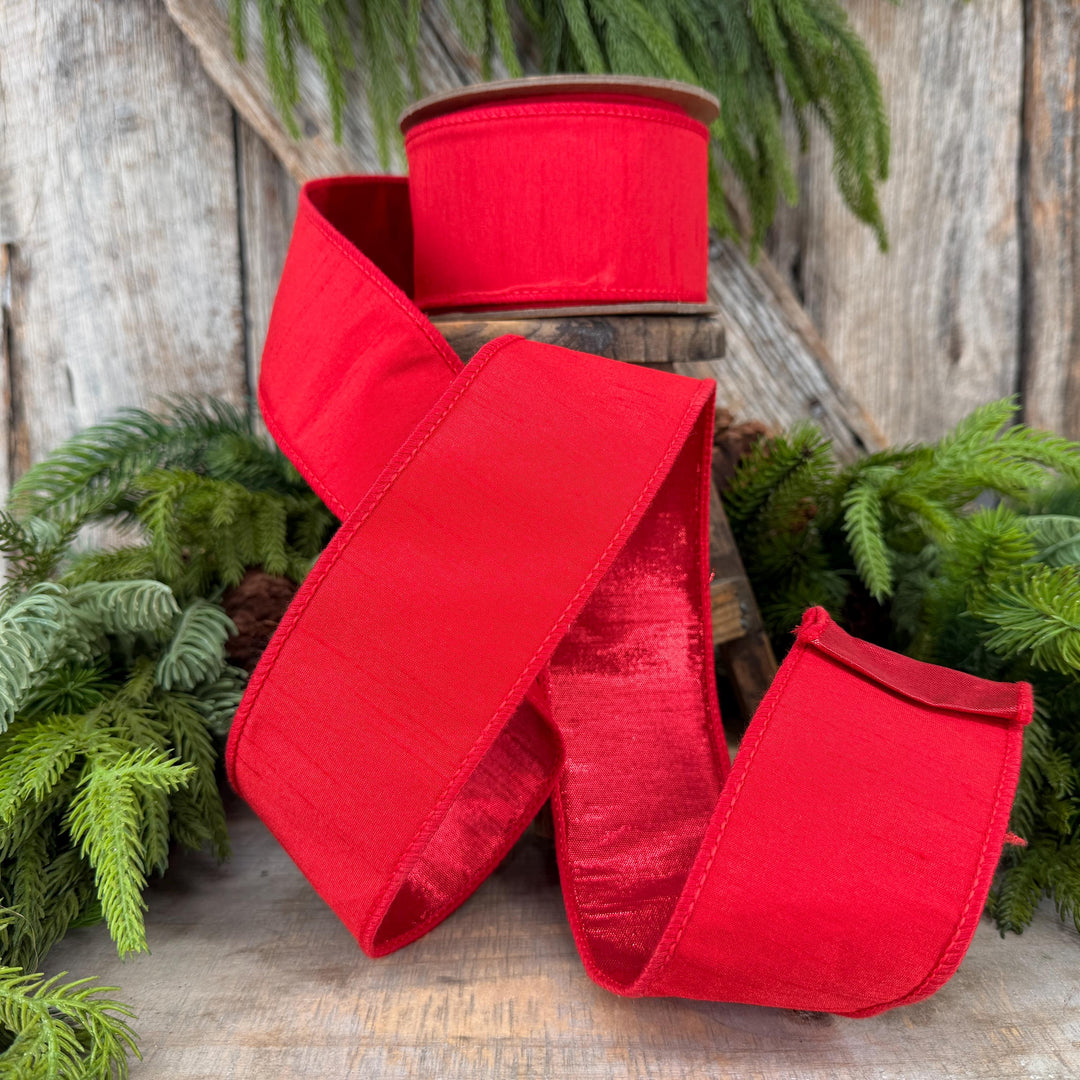 2.5” Red Dupioni Ribbon, ribbon, wired ribbon, Christmas Ribbon, Patriotic Ribbon, Red ribbon, Red Dupion Ribbon, Gift Wrap Ribbon