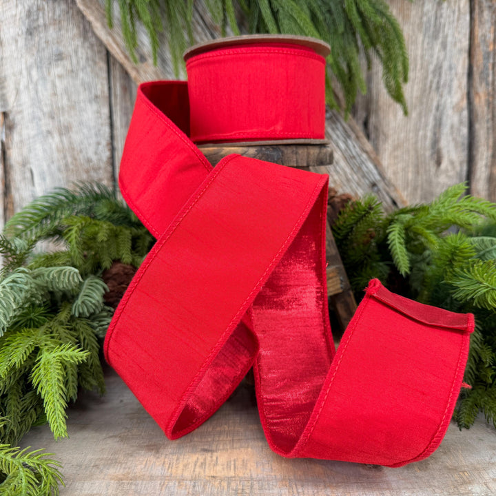 2.5” Red Dupioni Ribbon, ribbon, wired ribbon, Christmas Ribbon, Patriotic Ribbon, Red ribbon, Red Dupion Ribbon, Gift Wrap Ribbon