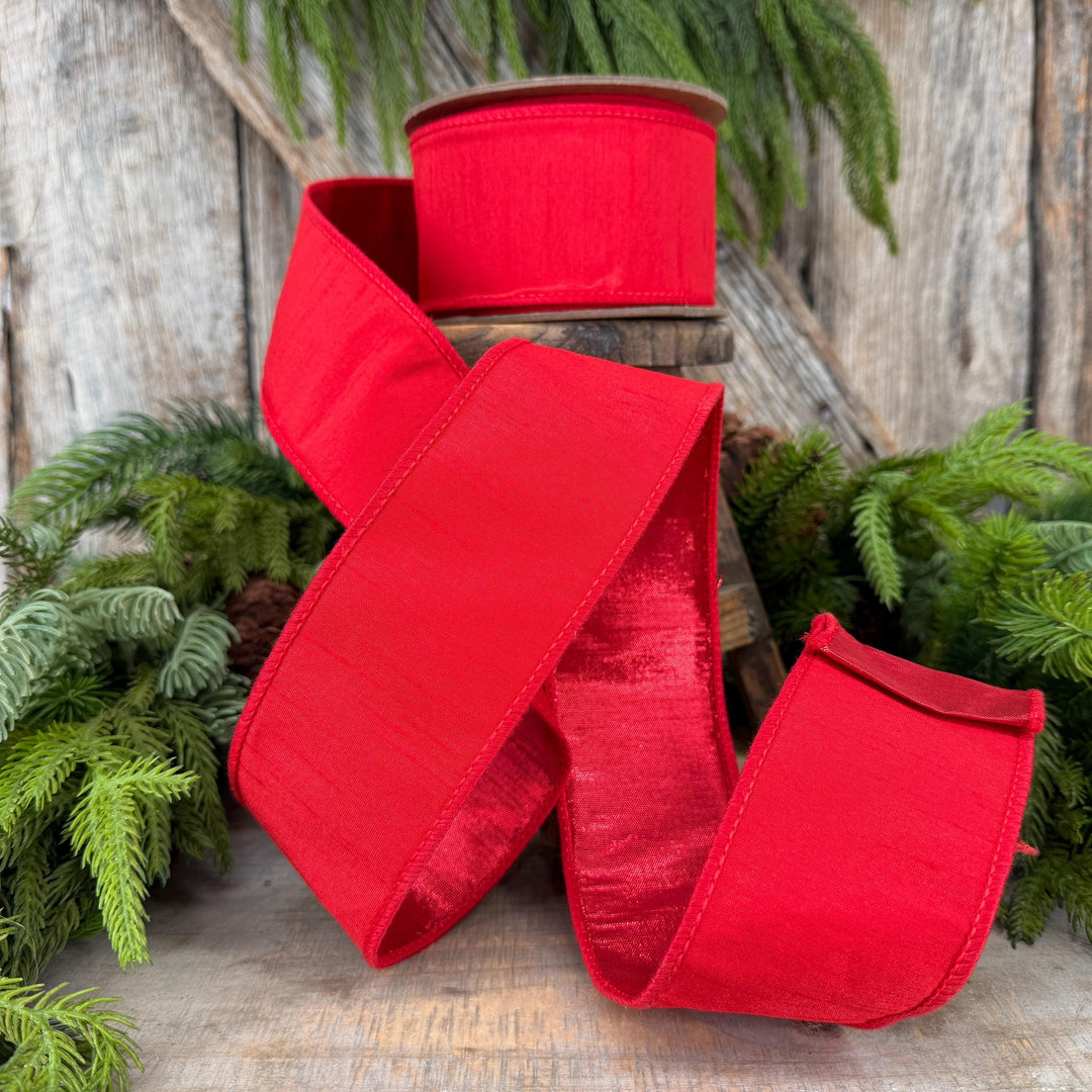 2.5” Red Dupioni Ribbon, ribbon, wired ribbon, Christmas Ribbon, Patriotic Ribbon, Red ribbon, Red Dupion Ribbon, Gift Wrap Ribbon