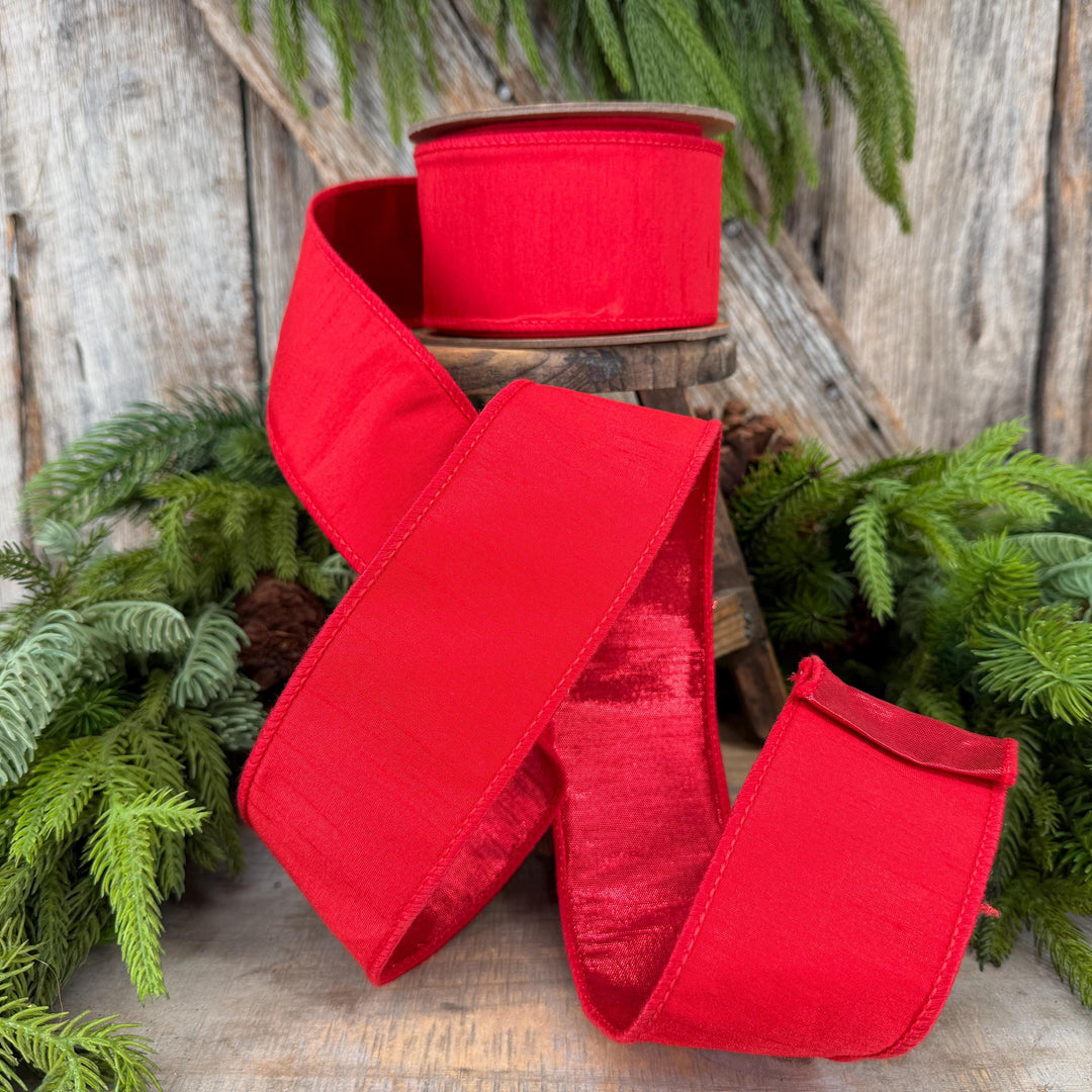 2.5” Red Dupioni Ribbon, ribbon, wired ribbon, Christmas Ribbon, Patriotic Ribbon, Red ribbon, Red Dupion Ribbon, Gift Wrap Ribbon