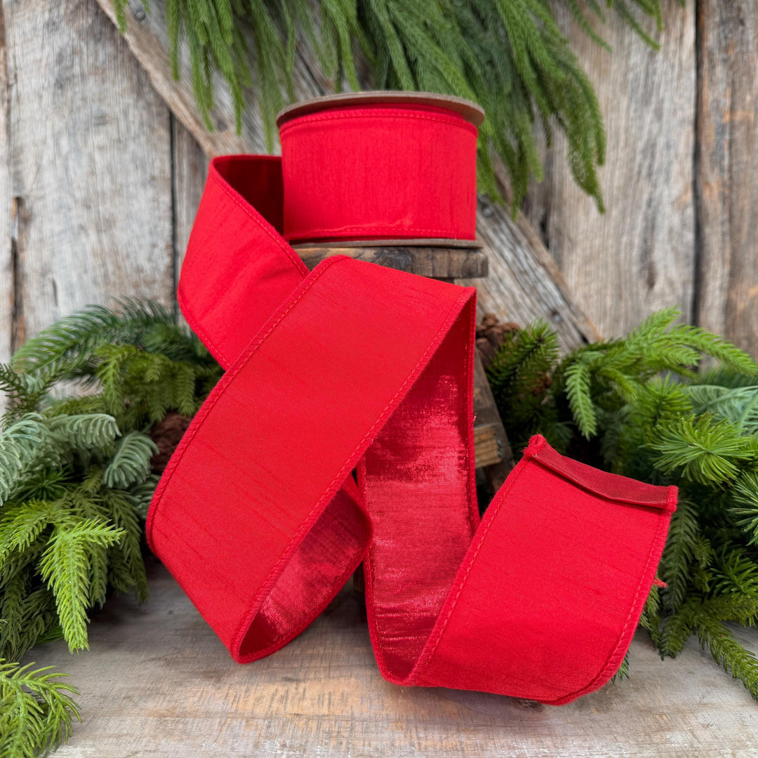 2.5” Red Dupioni Ribbon, ribbon, wired ribbon, Christmas Ribbon, Patriotic Ribbon, Red ribbon, Red Dupion Ribbon, Gift Wrap Ribbon