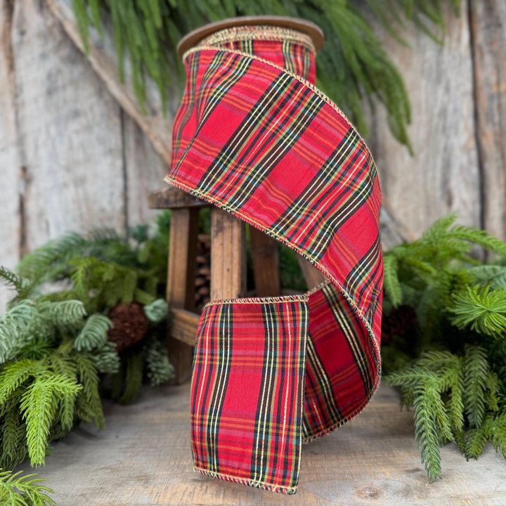 4” Red Metallic Plaid Wired Ribbon, Christmas Tartan, 10 Yard Roll
