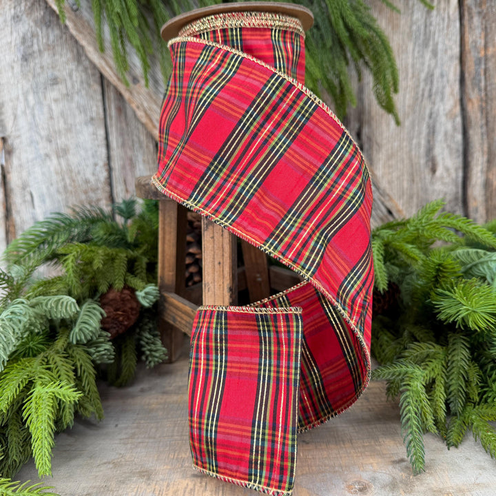4” Red Metallic Plaid Wired Ribbon, Christmas Tartan, 10 Yard Roll