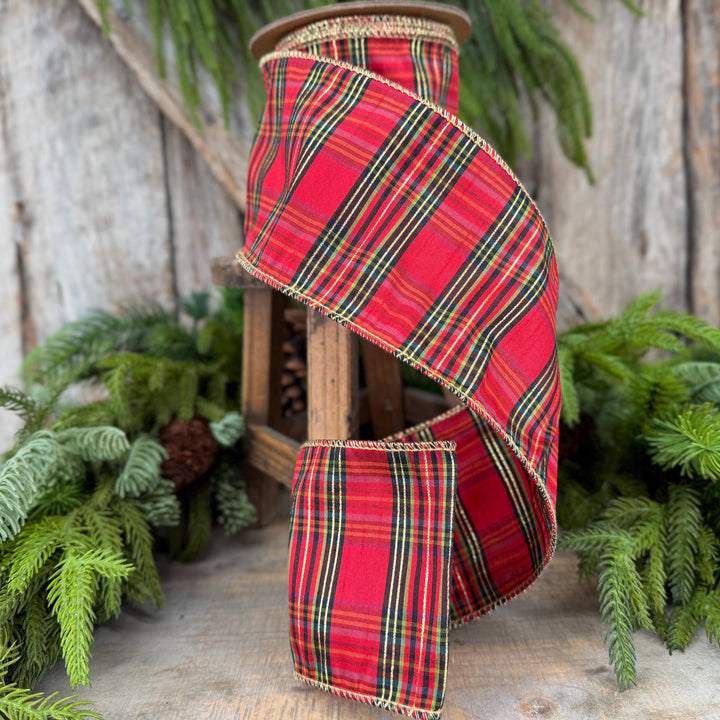 4” Red Metallic Plaid Wired Ribbon, Christmas Tartan, 10 Yard Roll