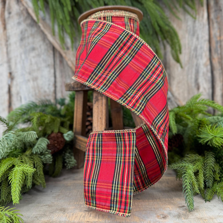 4” Red Metallic Plaid Wired Ribbon, Christmas Tartan, 10 Yard Roll