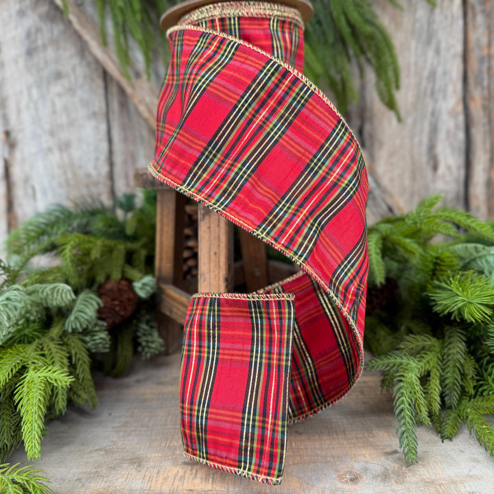 4” Red Metallic Plaid Wired Ribbon, Christmas Tartan, 10 Yard Roll