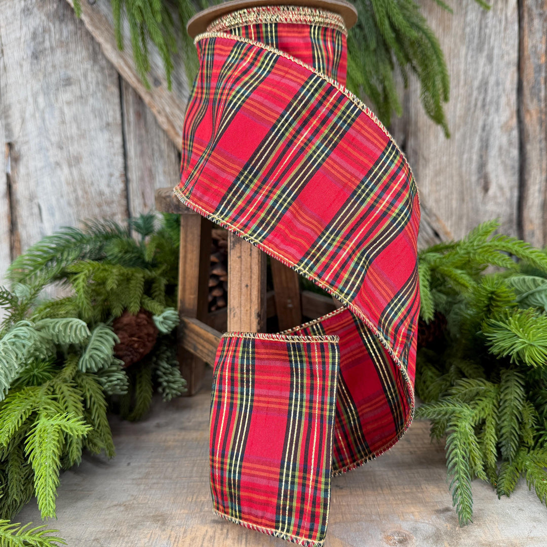 4” Red Metallic Plaid Wired Ribbon, Christmas Tartan, 10 Yard Roll