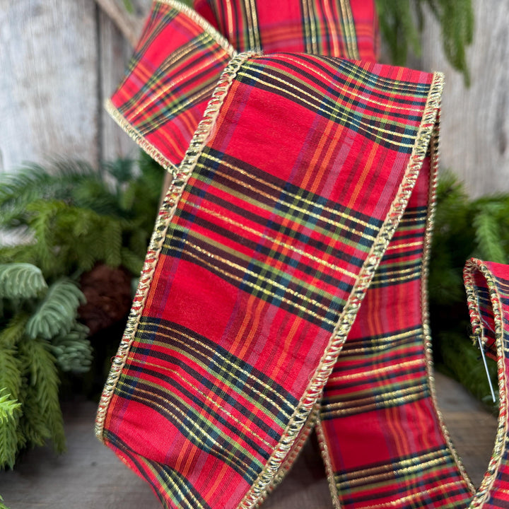 2.5” Red Metallic Plaid Wired Ribbon, Christmas Tartan, 10 Yard Roll