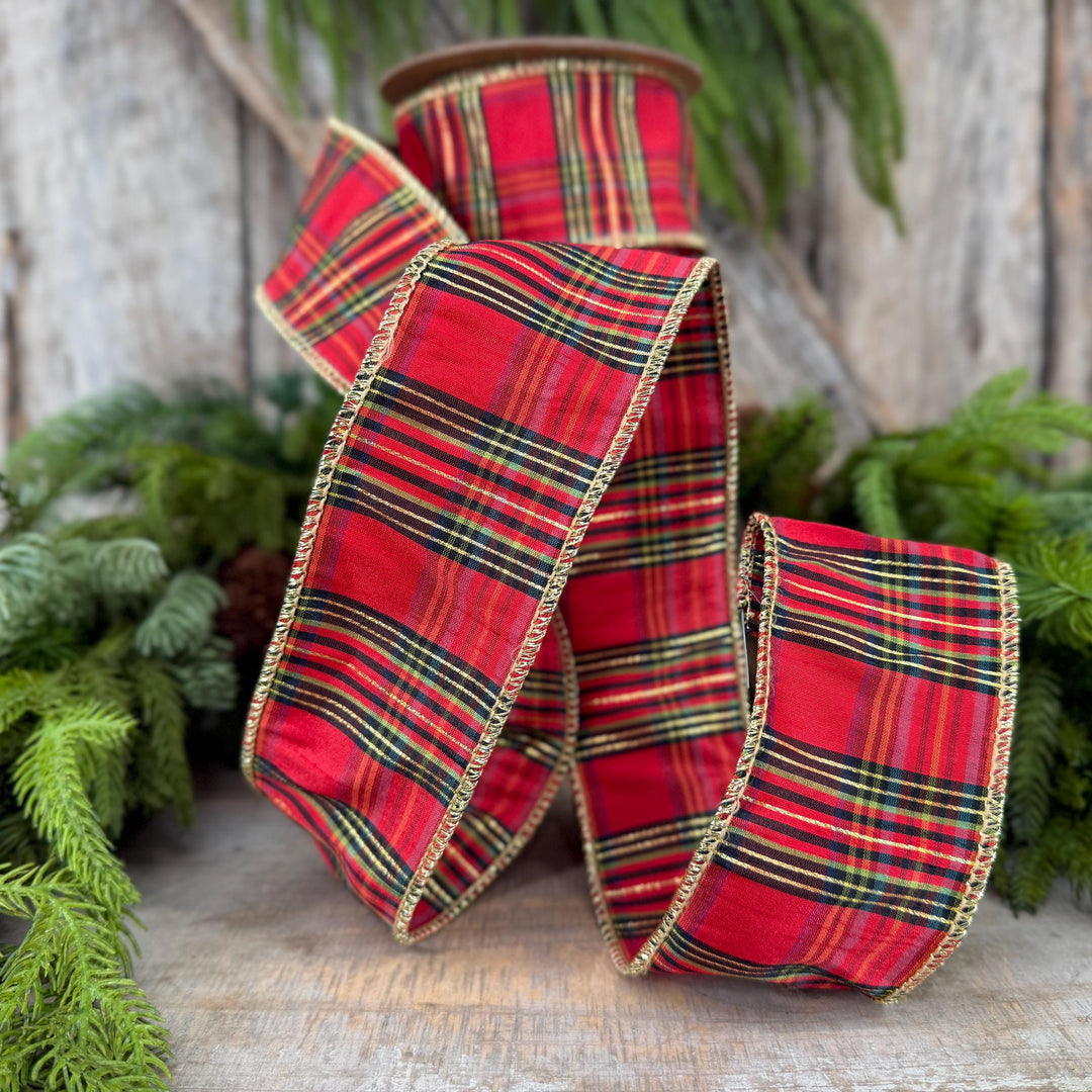2.5” Red Metallic Plaid Wired Ribbon, Christmas Tartan, 10 Yard Roll