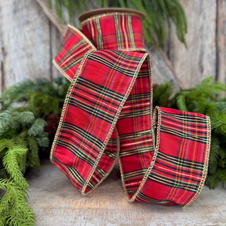 2.5” Red Metallic Plaid Wired Ribbon, Christmas Tartan, 10 Yard Roll