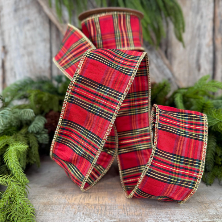 2.5” Red Metallic Plaid Wired Ribbon, Christmas Tartan, 10 Yard Roll