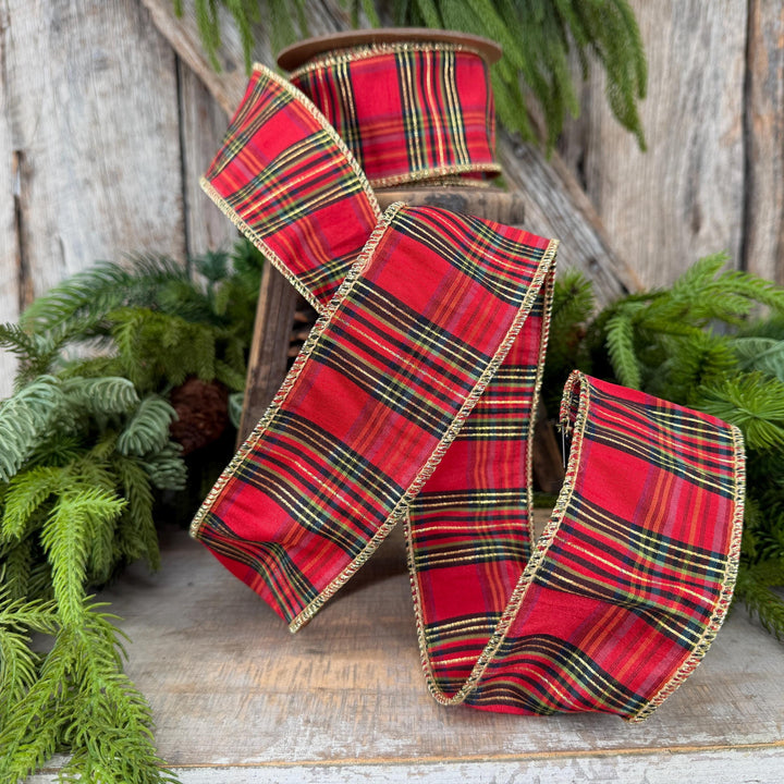 2.5” Red Metallic Plaid Wired Ribbon, Christmas Tartan, 10 Yard Roll