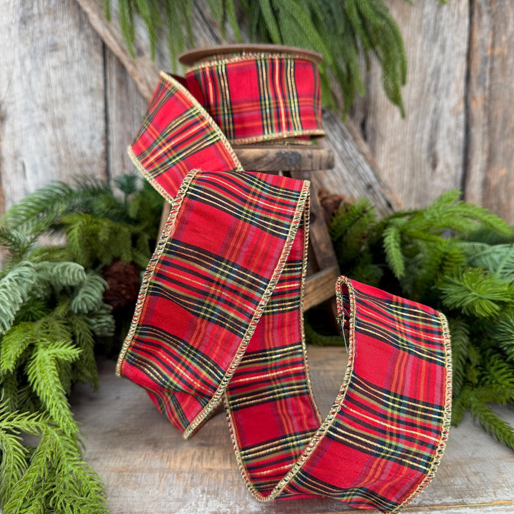 2.5” Red Metallic Plaid Wired Ribbon, Christmas Tartan, 10 Yard Roll
