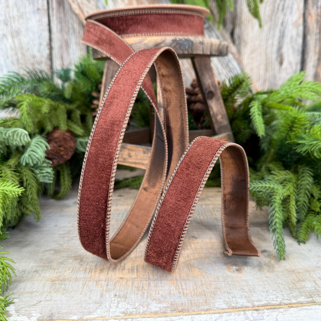 1" Brown Velvet Ribbon, Wired RIbbon, Christmas RIbbon, Designer Ribbon, Ribbon for Christmas Tree
