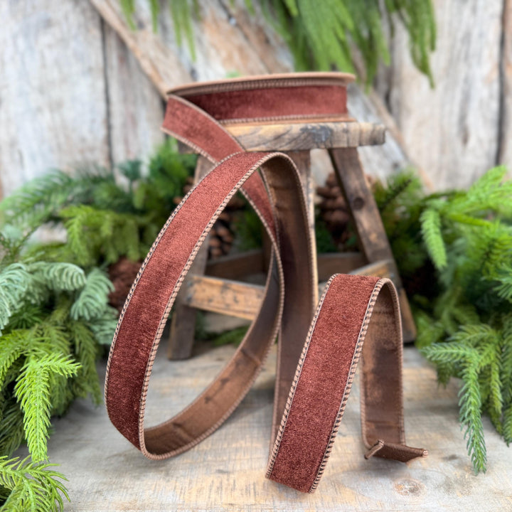 1" Brown Velvet Ribbon, Wired RIbbon, Christmas RIbbon, Designer Ribbon, Ribbon for Christmas Tree