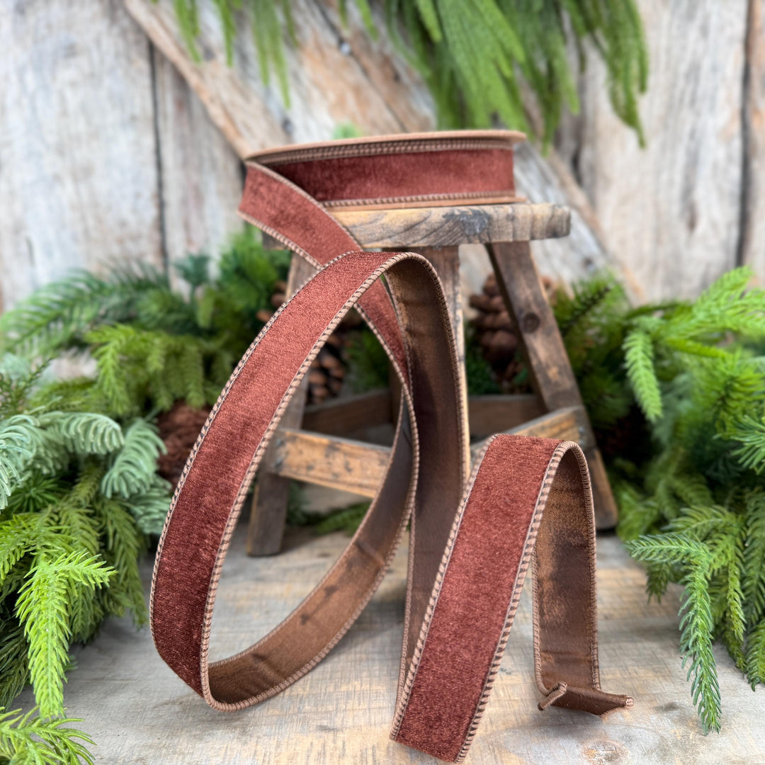 1" Brown Velvet Ribbon, Wired RIbbon, Christmas RIbbon, Designer Ribbon, Ribbon for Christmas Tree