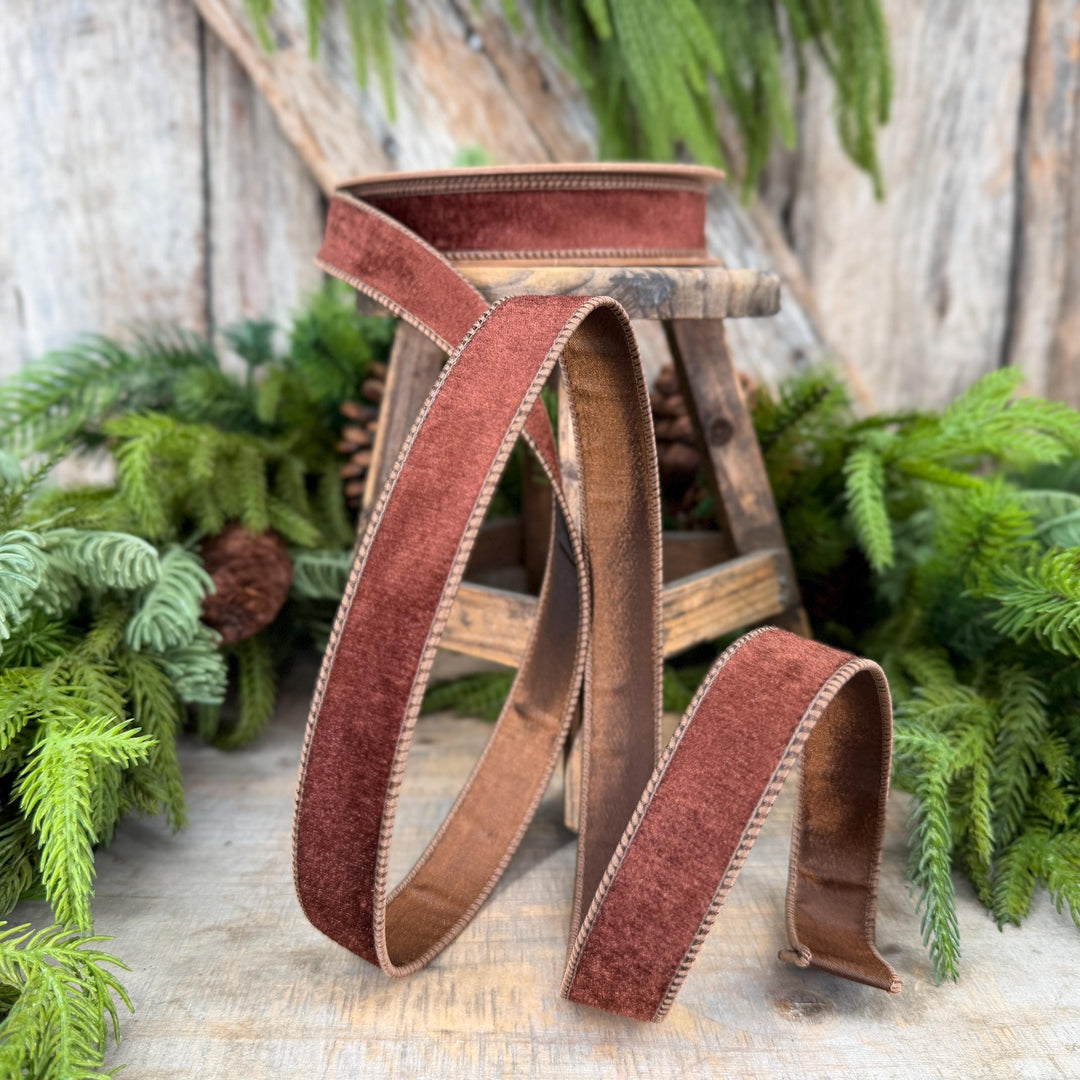 1" Brown Velvet Ribbon, Wired RIbbon, Christmas RIbbon, Designer Ribbon, Ribbon for Christmas Tree