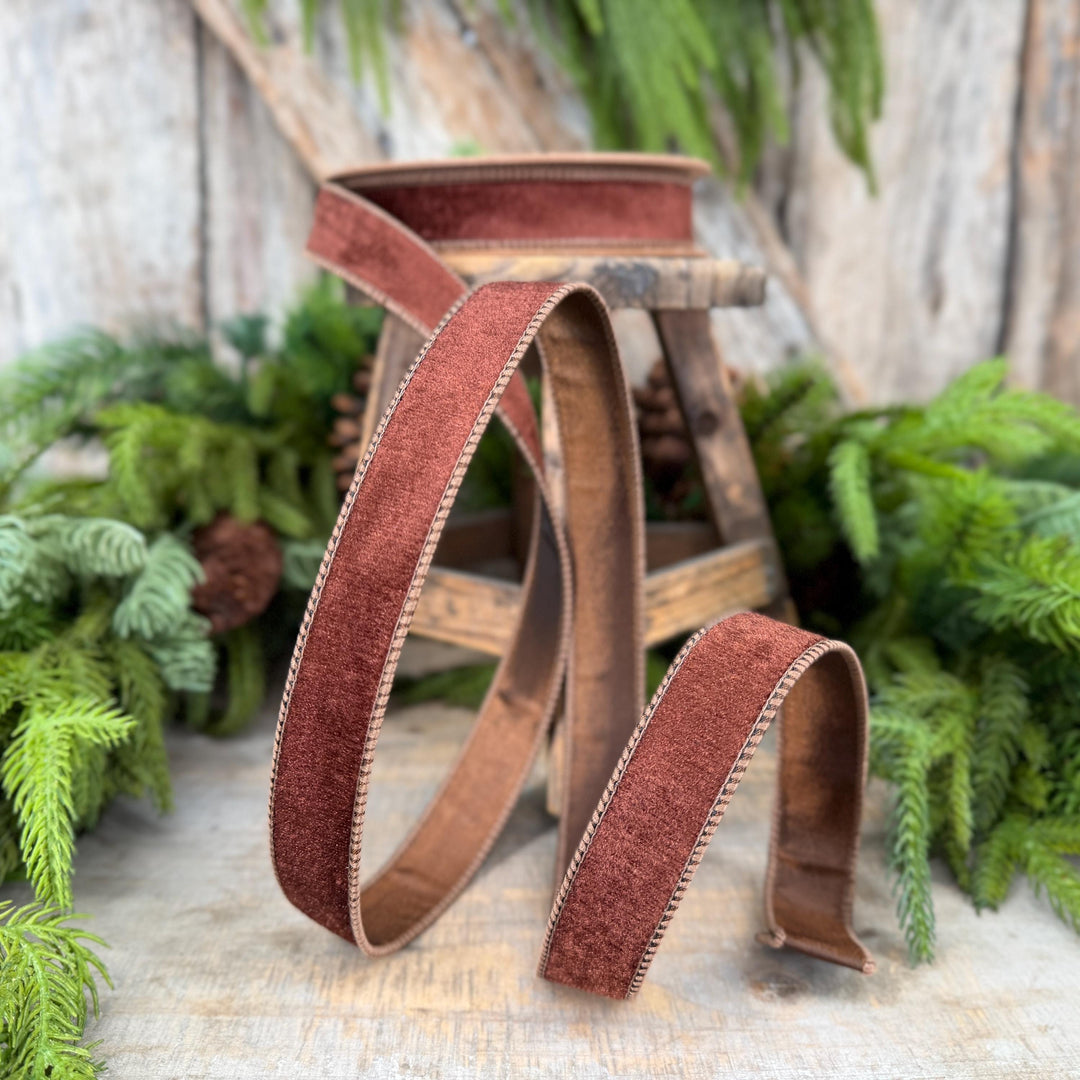 1" Brown Velvet Ribbon, Wired RIbbon, Christmas RIbbon, Designer Ribbon, Ribbon for Christmas Tree