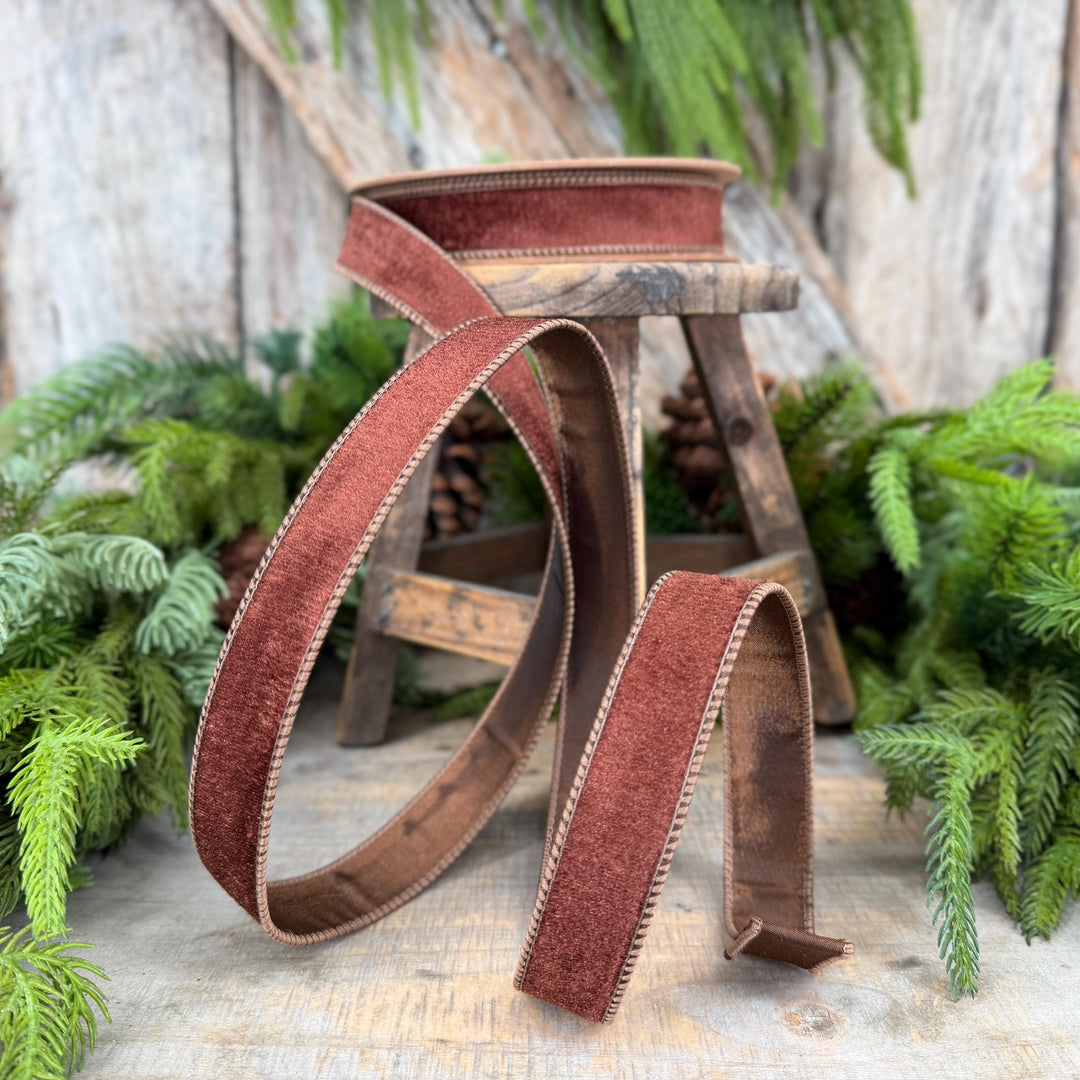 1" Brown Velvet Ribbon, Wired RIbbon, Christmas RIbbon, Designer Ribbon, Ribbon for Christmas Tree