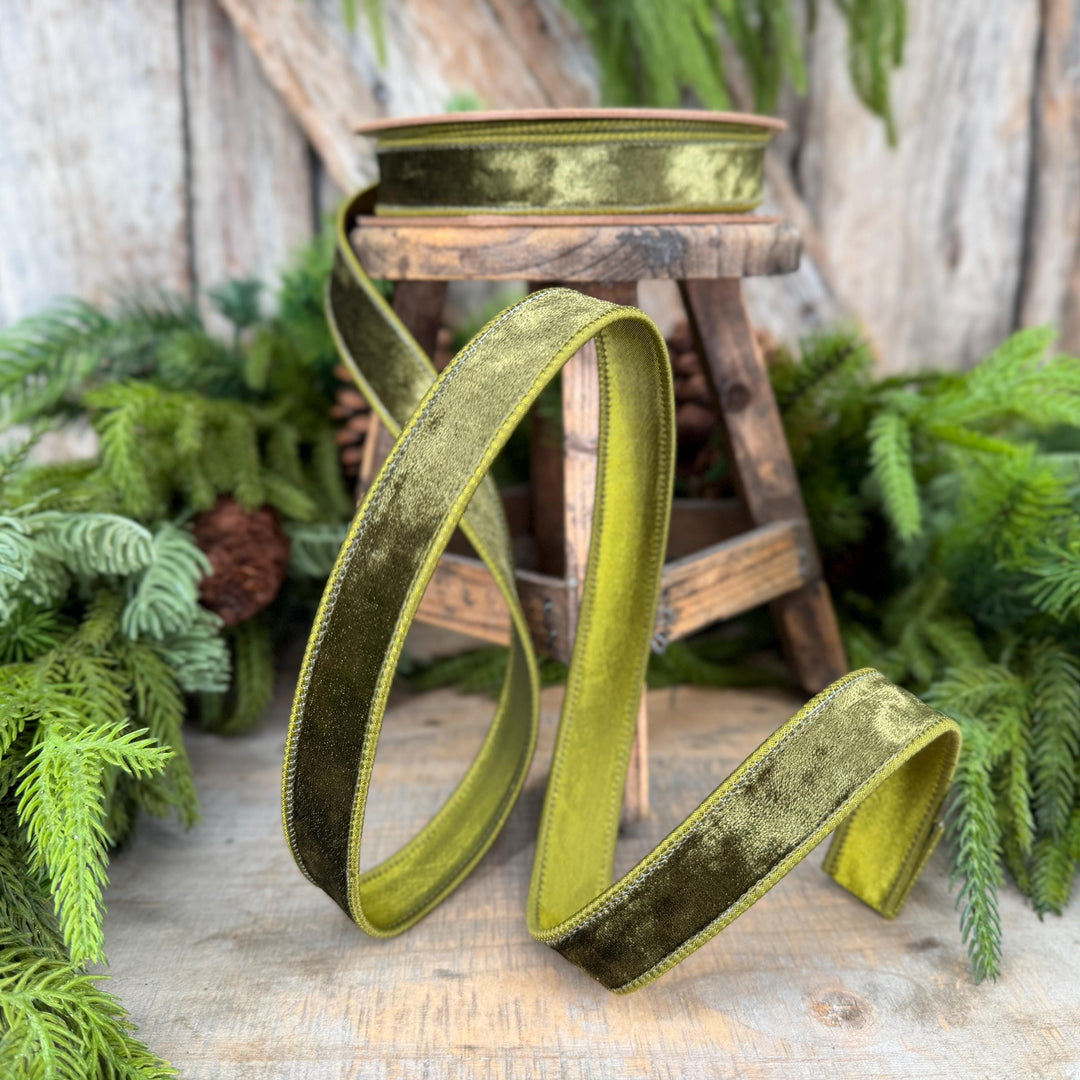 1" Moss Green Velvet Ribbon, Wired RIbbon