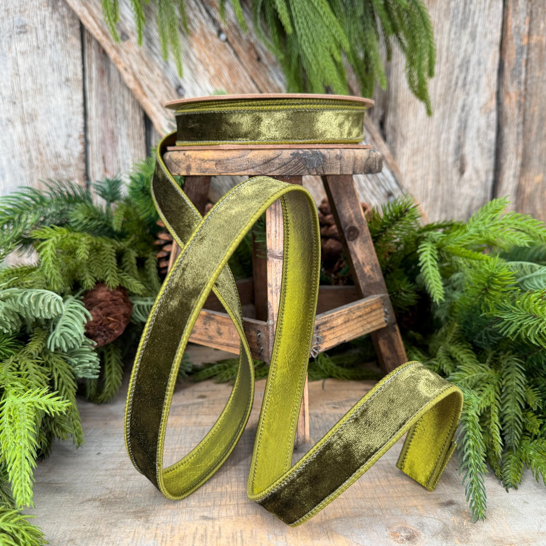 1" Moss Green Velvet Ribbon, Wired RIbbon, Christmas RIbbon, Designer Ribbon, Ribbon for Christmas Tree