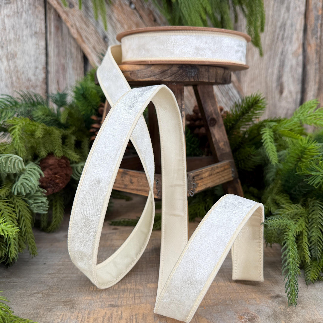 1" Ivory Velvet Ribbon, Wired RIbbon, Christmas RIbbon, Designer Ribbon, Ribbon for Christmas Tree