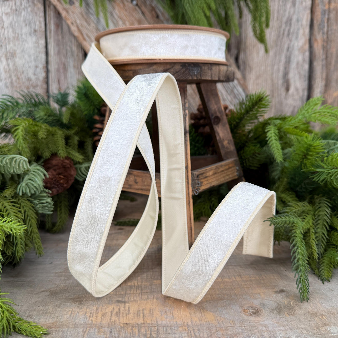 1" Ivory Velvet Ribbon, Wired RIbbon, Christmas RIbbon, Designer Ribbon, Ribbon for Christmas Tree