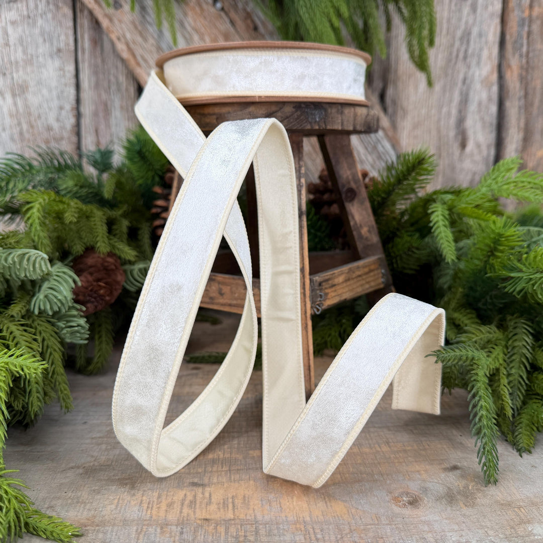 1" Ivory Velvet Ribbon, Wired RIbbon, Christmas RIbbon, Designer Ribbon, Ribbon for Christmas Tree