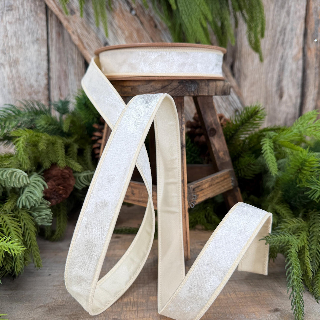 1" Ivory Velvet Ribbon, Wired RIbbon, Christmas RIbbon, Designer Ribbon, Ribbon for Christmas Tree