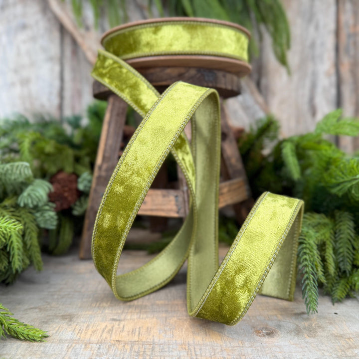 1" Lime Green Velvet Ribbon, Wired RIbbon, Christmas RIbbon, Designer Ribbon, Ribbon for Christmas Tree