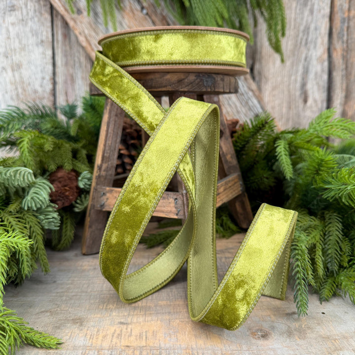 1" Lime Green Velvet Ribbon, Wired RIbbon