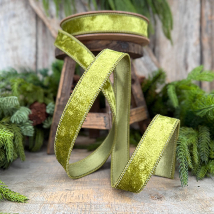 1" Lime Green Velvet Ribbon, Wired RIbbon, Christmas RIbbon, Designer Ribbon, Ribbon for Christmas Tree