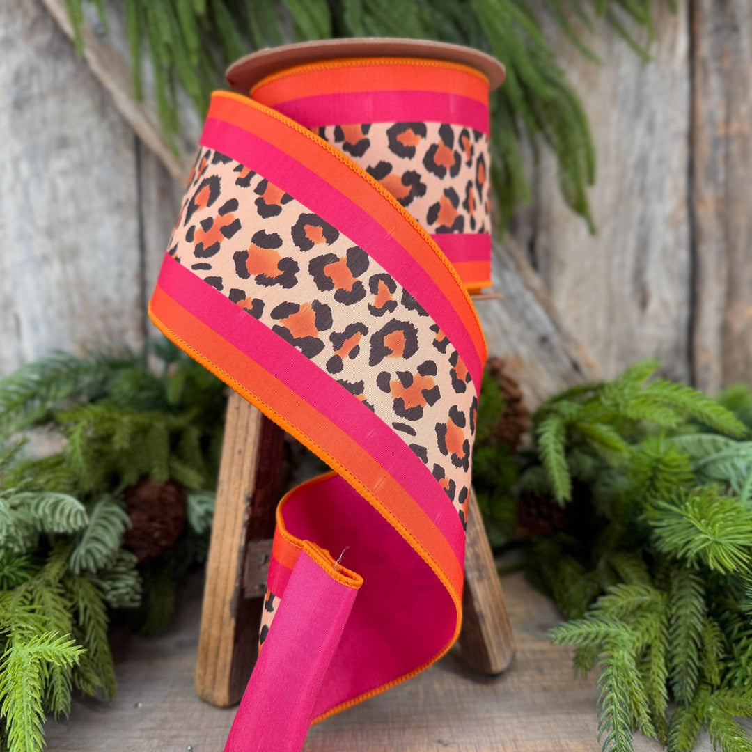 4 Inch Leopard Print Wired Ribbon, Pink Orange Stripe Dupioni, 10 Yard Roll