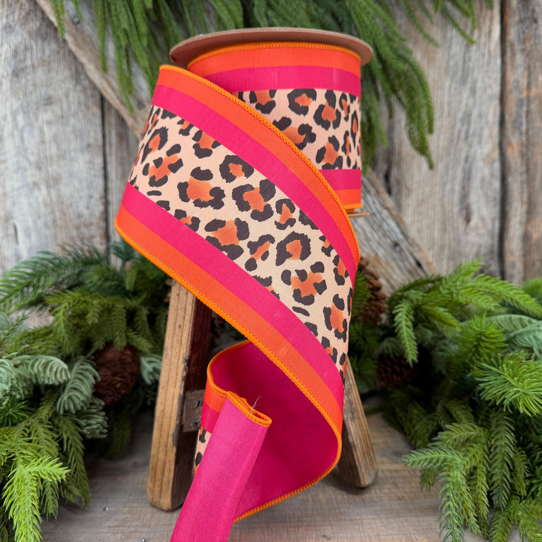 4 Inch Leopard Print Wired Ribbon, Pink Orange Stripe Dupioni, 10 Yard Roll