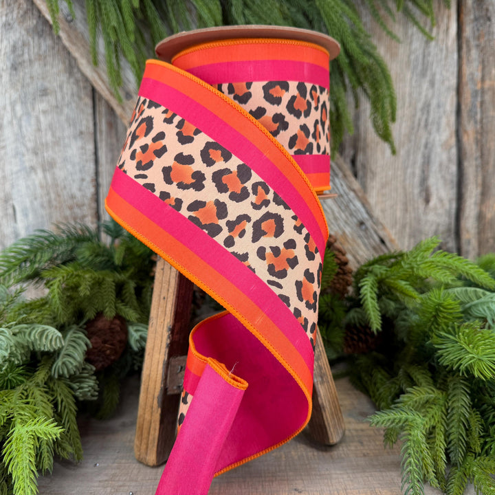 4 Inch Leopard Print Wired Ribbon, Pink Orange Stripe Dupioni, 10 Yard Roll
