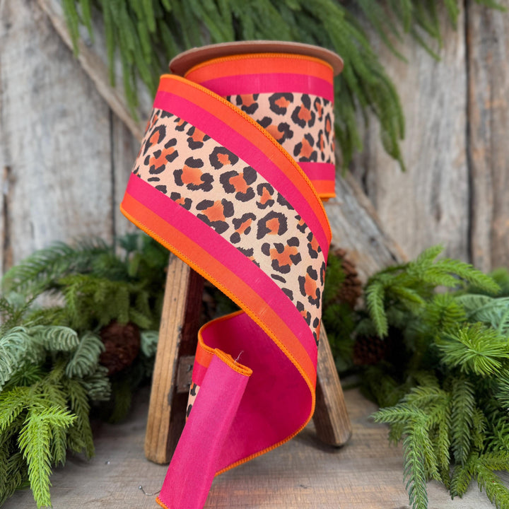 4 Inch Leopard Print Wired Ribbon, Pink Orange Stripe Dupioni, 10 Yard Roll