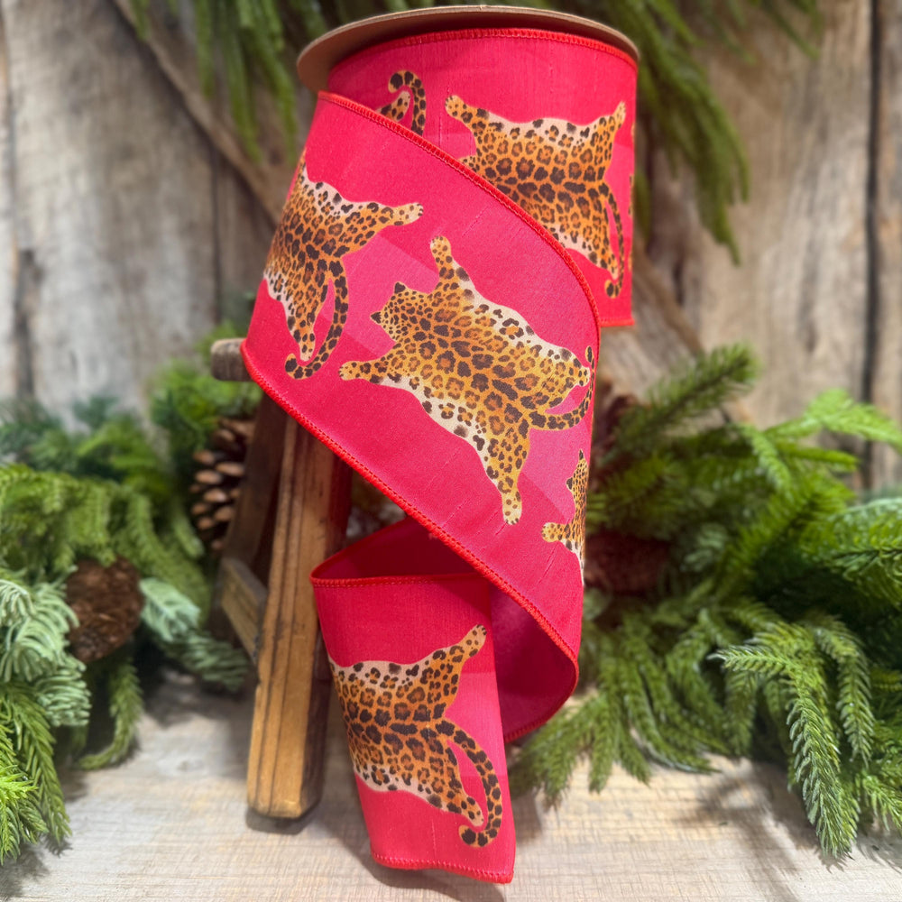 4" Tiger Rug Ribbon, Animal skin ribbon, Pink and Red