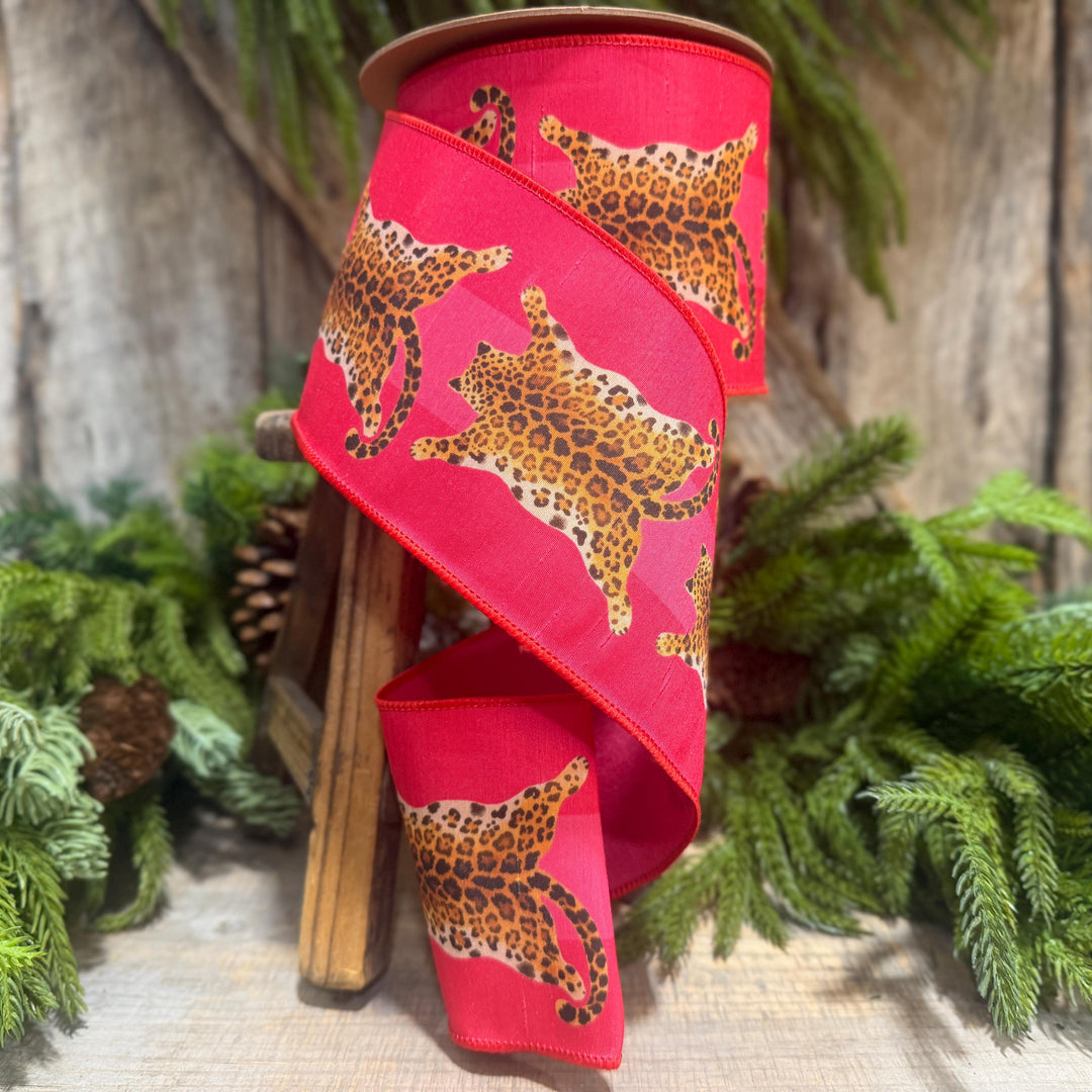 4" Tiger Rug Ribbon, Animal skin ribbon, Pink and Red